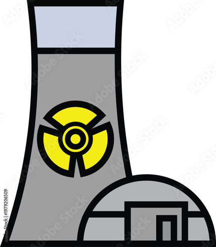 Nuclear power plant cooling tower with radioactivity symbol and adjacent building, flat design vector illustration