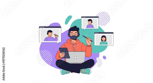 Online learning concept: student with laptop, tablet, headphones, mask, and video calls