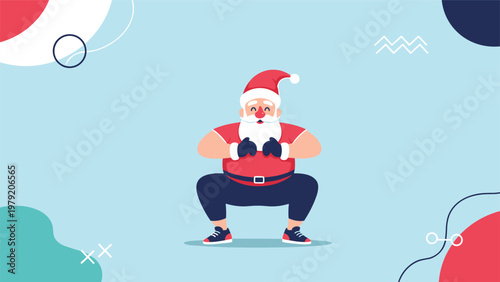 Determined Santa Claus works on his fitness by performing deep squats in a gym setting with modern geometric shapes in the background.