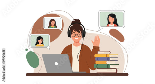 Online learning: student with headphones and laptop, video calls with classmates, stack of books