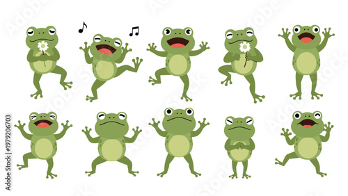 Set of cheerful green frogs in various expressive poses and activities such as dancing, holding flowers, and singing.