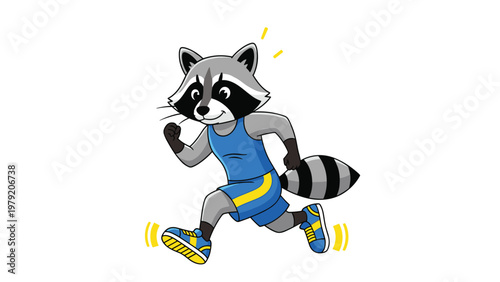 Athletic raccoon character wearing a blue sports uniform and running shoes sprints with determination in a dynamic vector illustration.