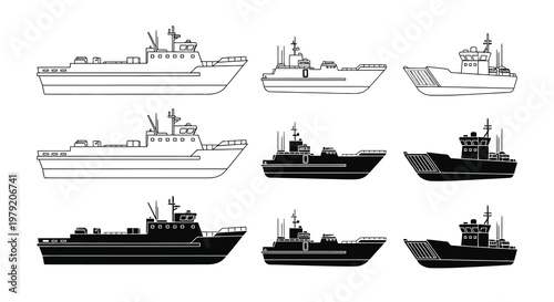 Black and white illustrations of various types of ships and boats