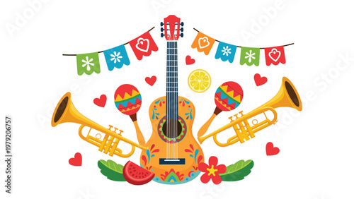 Festive arrangement of traditional Mexican musical instruments including a guitar, trumpets, and maracas with colorful party banners.