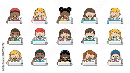 Large group of diverse children practicing good dental hygiene by brushing their teeth at bathroom sinks with soap and water.