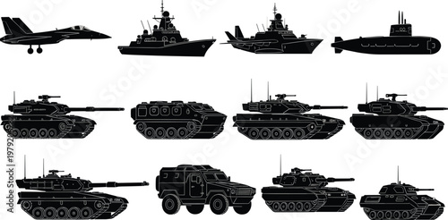 military, vehicles, silhouettes, army, navy, airforce, tank, submarine, warship, fighter, armored, combat, defense, weapon, transport, tactical, security, battle, force, equipment