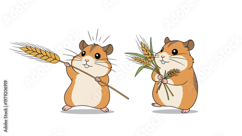 Two cute little hamsters are shown happily gathering and holding stalks of golden wheat in a charming vector illustration for children.