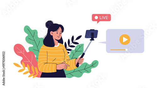 Creative young woman uses a selfie stick to record a live video stream for her social media followers against a lush plant background.
