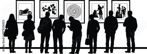 museum, gallery, silhouettes, people, exhibition, art, visitors, viewing, artwork, culture, display, indoor, modern, creative, crowd, showcase, illustration, design, frame, scene