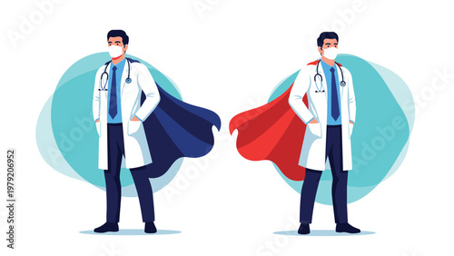 Brave medical doctors wearing stethoscopes and white coats are depicted as superheroes with flowing blue and red capes for health.