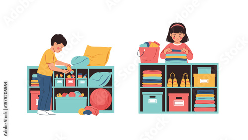 Two diligent children work on cleaning their rooms by organizing toys and folding clothes into a neat storage unit with shelves.