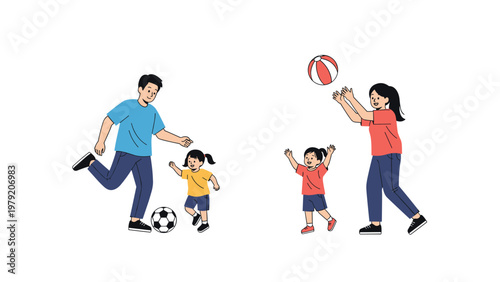 Happy family members stay active outdoors by playing football and catching a beach ball together in a fun sports themed scene.