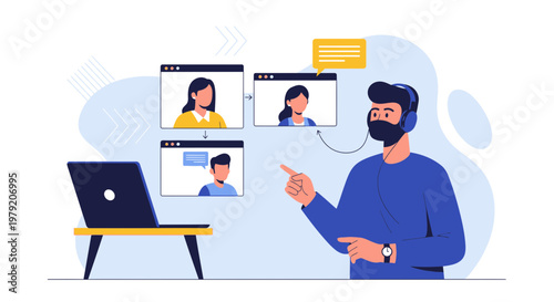 Online meeting with video conference, man with headset and laptop, remote work concept