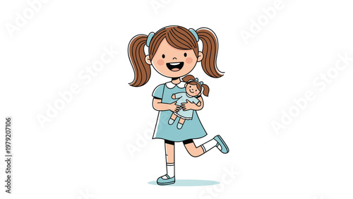 Happy young girl with pigtails smiles brightly while hugging her favorite toy doll in a heartwarming scene of childhood play.