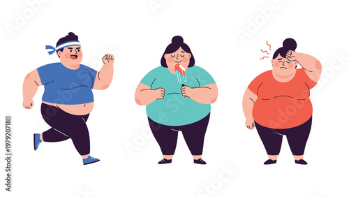 Set of people at different stages of their health journey showing activities like running, eating ice cream, and feeling tired.