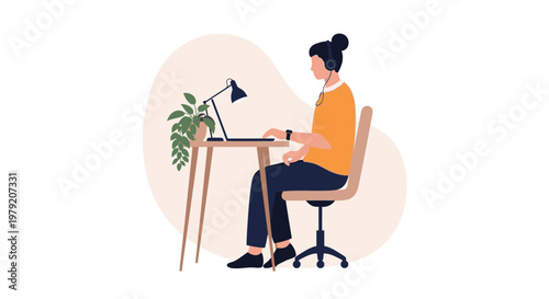 Person working on laptop with headphones at desk, remote work, online learning, modern workspace