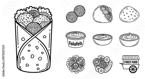 Falafel Wrap and Ingredients Line Art Icons Set