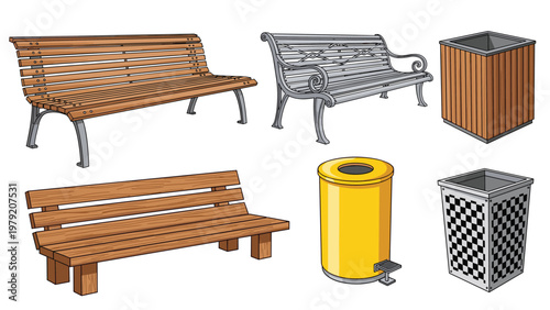 Variety of outdoor park furniture including wooden benches, metal seats, and different styles of trash cans is set.