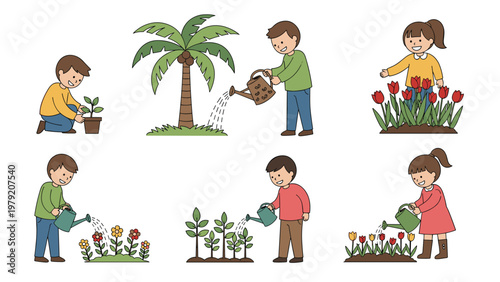Group of happy young children are shown gardening, planting trees, and watering colorful flowers in the backyard.