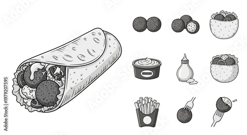 Falafel Wrap and Ingredients, Vector Illustration