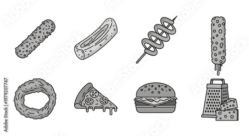 Fast Food Icons: Pizza, Burger, Fries, Onion Rings, Skewers, Grater