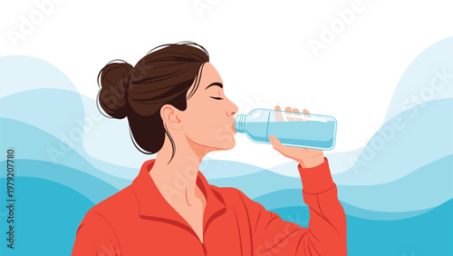 Young woman in a red jacket is drinking fresh water from a plastic bottle against a blue wavy background pattern.