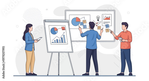 Team analyzing charts and graphs on whiteboard and flip chart, business meeting concept