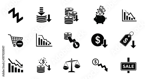 Financial Crisis Icons: Downward Trends, Recession, Savings Loss, Price Drop