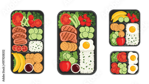Variety of healthy lunch boxes are filled with meat, rice, eggs, vegetables, fruit, and snacks for a balanced meal.