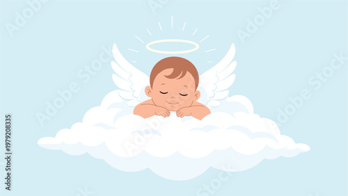 Adorable baby angel with white wings and a golden halo is sleeping peacefully on a soft white cloud in the sky.