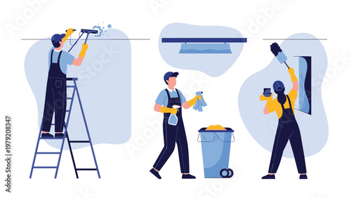 Professional cleaners in blue uniforms are shown cleaning windows, dusting surfaces, and managing trash in an office.