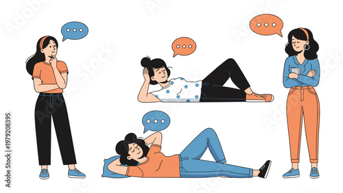 Four young women are shown in different poses like standing, lying down, and thinking with speech bubbles above.