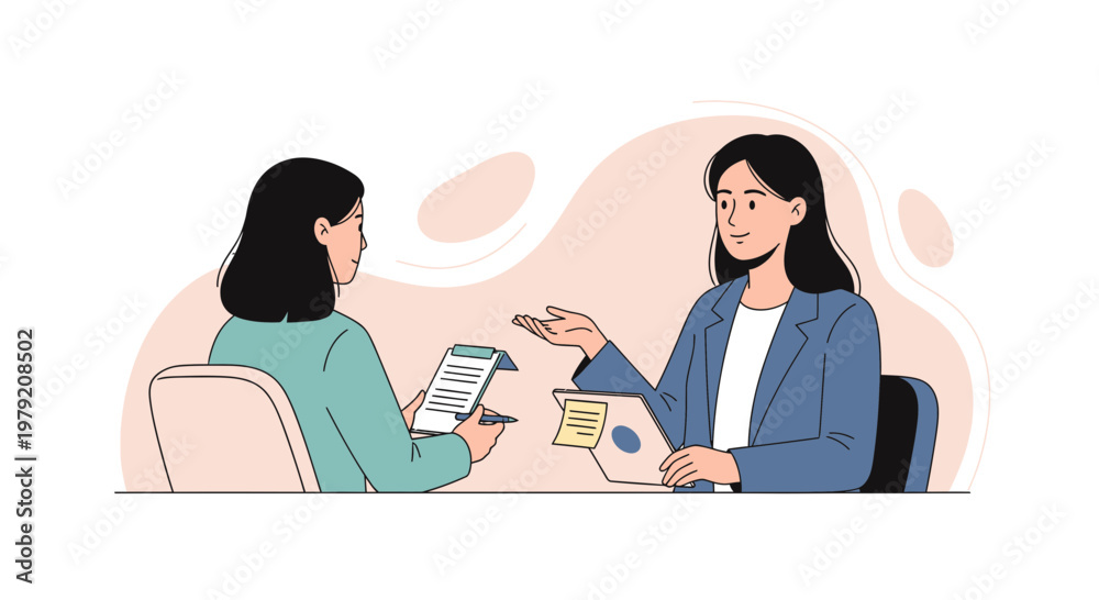Obraz premium Two women in a business meeting, one interviewing the other, discussing documents