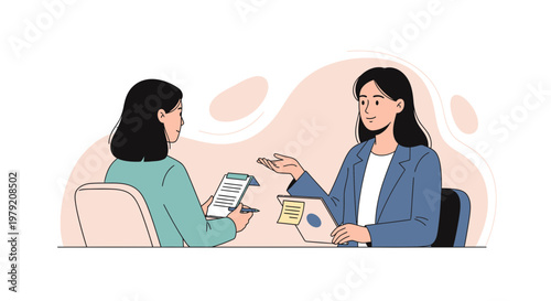 Two women in a business meeting, one interviewing the other, discussing documents