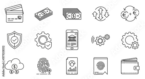 Financial Technology Icons: Banking, Security, Payment, and Data Management