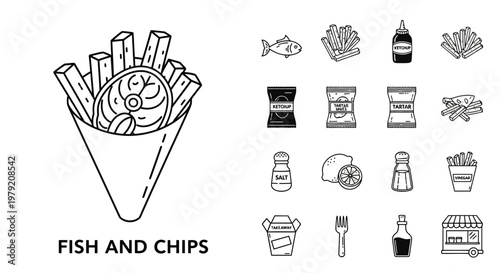 Fish and Chips Icon Set: Food, Takeaway, and Ingredients