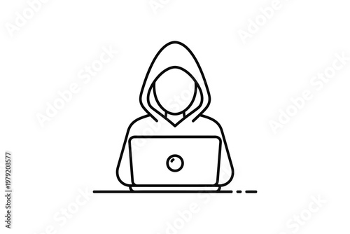 Hooded figure using a laptop computer at a table person