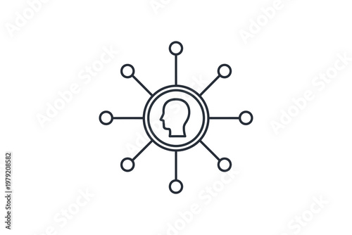 Black and white of person silhouette inside circle connected to outer dots