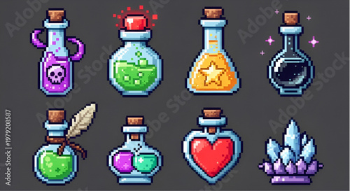 Fantasy Magic Potions Flasks and Crystals Pixel Art Game Sprites