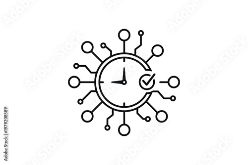 Black and white clock face surrounded by spiky circle with checkmark