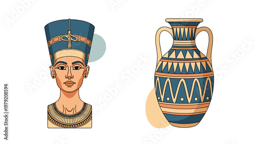 Ancient Egyptian artifacts including a bust of Nefertiti and a decorative clay vase are shown as historical relics.