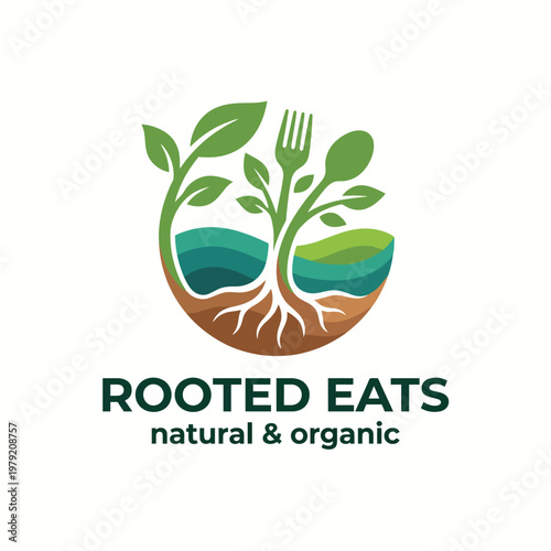 This logo displays growing plants intertwined with the earth, representing natural and organic foods, making it perfect for health-conscious brands focused on sustainability.