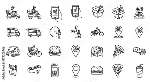 Food Delivery Icons: Scooter, Bike, Car, Order, Map, Pizza, Burger, Drink