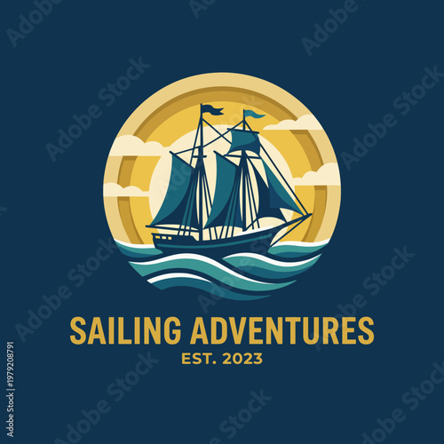 This vibrant logo captures the essence of sailing adventures, featuring a majestic ship silhouetted by a sun. Ideal for sailing companies and maritime services promoting exploration.
