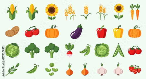 Fresh Vegetables and Fruits Collection, Healthy Food Icons Set