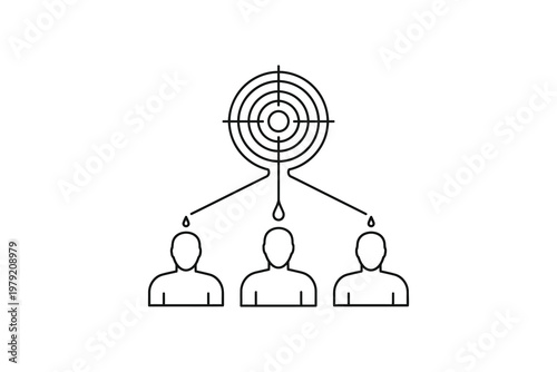 Black and white target with three people connected by lines
