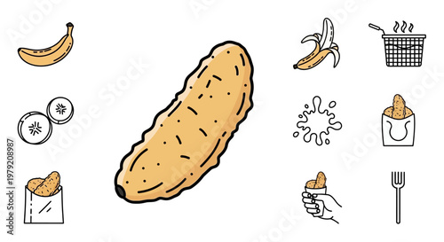 Fried Banana Icons: Sweet Snack, Tropical Fruit, Fast Food, Dessert Elements