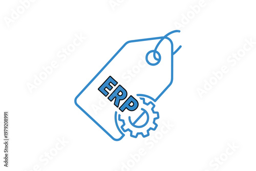 Blue price tag with e r p text and gear symbol label