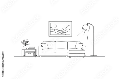 Minimalist line of living room with sofa and lamp line minimalist