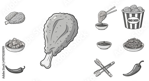 Fried Chicken Icon Set: Crispy Drumstick, Nuggets, Fries, Chili, Sauce